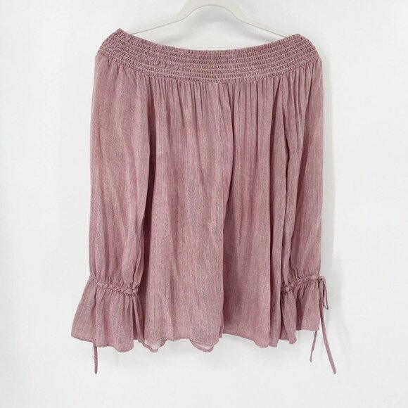 Stripe Off the Shoulder Blouse Sz M Red Smocked Bell Sleeve Tie Boho - Picture 2 of 5